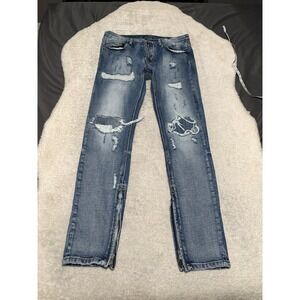 MNML Men's Skinny Distressed Blue Denim Jeans Size 34x34 Pants Ankle Zip